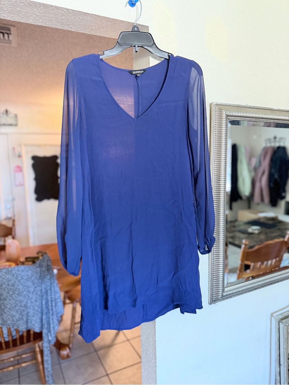 Express Deep Blue Semi-Sheer V-Neck Blouse